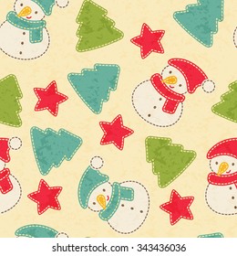 Childish Christmas seamless pattern with cute snowmen, Christmas trees and stars. Hand-sewn style elements with white seams. Bright and happy color palette.