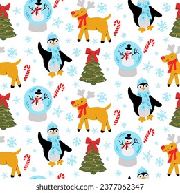 Childish Christmas seamless pattern with holiday tree, penguin, reindeer and snowman. Funny colored characters in flat cartoon style on white background. Ideal design for textile, wrapping paper.