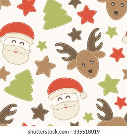 Childish Christmas seamless pattern with Santa Claus, Christmas trees and baby reindeer decorated by stars. Hand-sewn style elements with white seams. 