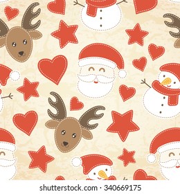 Childish Christmas seamless pattern with Santa Claus and reindeer decorated by red stars and hearts. Hand-sewn style elements with white seams. 