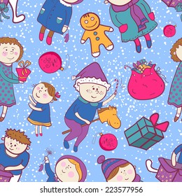 Childish christmas vector seamless pattern in cartoon style