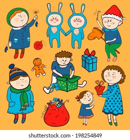 Childish christmas vector set in cartoon doodle style. Funny boys and girls