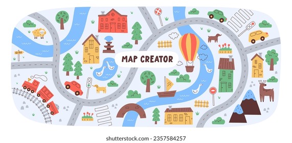 Childish city map creator easy simple drawing seamless pattern with different transport on road and house building on street, navigation signboard, park tree vegetation and animals vector illustration