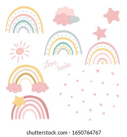 Childish clip art with cute rainbows, clouds, stars, rain of hearts and sun. Creative kids doodle elements. Vector illustration.