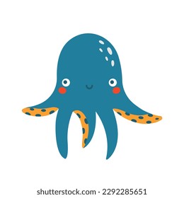 A childish clip art with funny swimming octopus. Children's creative vector illustration for textile, card, logo, sticker, apparel. Flat modern design. Sea animal. Ocean cartoon dweller.