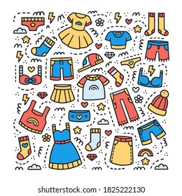 Childish clothes doodle set. Cute design template. Dress, skirt, hat , shorts and sock elements. 