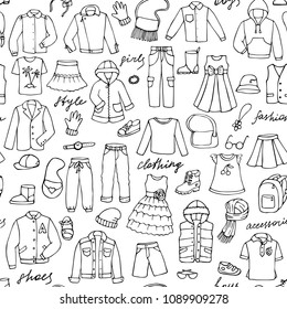 Childish clothes and lettering doodle seamless pattern