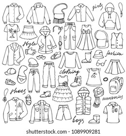 Childish clothes and lettering doodle set