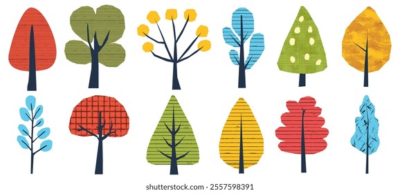 Childish collage of paper naive cutout color tree elements set with abstract texture.  Flat modern illustration for spring or eco themed posters. Hand drawn stylized foliage for contemporary