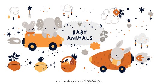 Childish collection with cute baby animals characters. Animals in cars: Bunny, mouse, elephant. Vector cartoon doodle set with hand drawn boho elements for design: clouds, stars, fruits