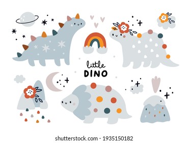 Childish Collection With Cute Baby Dino. Dinosaur Animals, Mom And Baby Dino, Family Of Dinosaurs. Vector Cartoon Doodle Set Of Nature Elements For Design