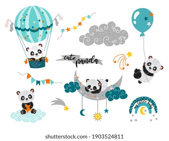 Childish collection with cute baby playful panda characters. Elements for kids design rainbow, crescent, cloud, balloons. Set of flat cartoon vector illustrations isolated on white background