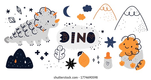 Childish collection with cute dino characters. Dinosaur animals: mom and baby dino in egg. Vector cartoon doodle set of nature elements for design