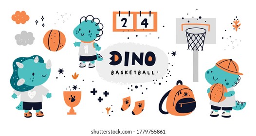 Childish collection with cute dino characters. Dinosaur animals playing in basketball. Sportive kids in school competitions. Vector cartoon doodle set with elements for design