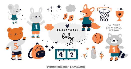 Childish collection with cute sportive animal characters. Animals playing in basketball. Sport in school competitions. Raccoon, fox, bear, bunny, mouse and equipment for basketball game