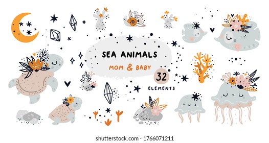 Childish collection, marine themes: plants, corals, flowers, fish, turtle, jellyfish, shells, snail, ocean, stars, moon, sea animals. Vector cartoon doodle set of marine life for creatures 