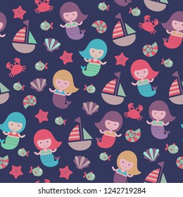 childish color vector seamless pattern with cute mermaid