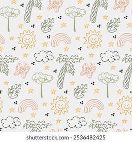 Childish colored contour doodle seamless pattern with botany elements. Vector hand drawn sun, cloud, palm tree, butterfly and stars isolated on light background. Childish textile or wallpaper