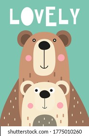 Afiche de color infantil con oso-madre y oso-bebé al estilo escandinavo. Ilustración vectorial. Ilustración infantil para el diseño de guarderías. Excelente para ropa de bebé, tarjeta de saludo. Leer Con Encanto.