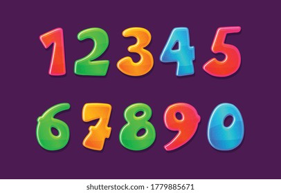 Childish colorful bubble numbers set design vector illustration isolated on dark background. Decorative figures signs for kids birthday and school event.