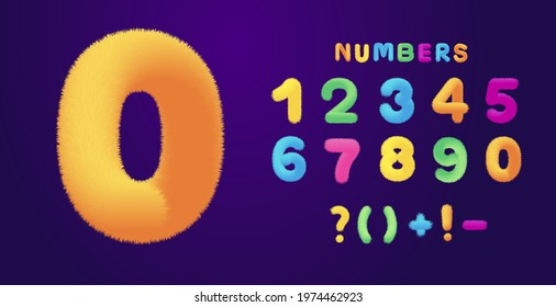 Childish colorful fluffy numbers set design vector illustration isolated on dark background. Decorative figures signs for kids birthday and school event