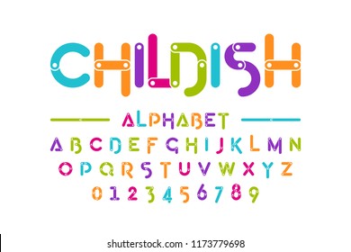 Childish colorful font, construction set alphabet letters and numbers vector illustration