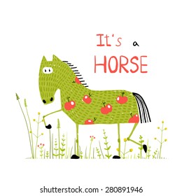 Childish Colorful Fun Cartoon Horse in Grass Field. Funny animal illustration for children. Vector EPS10.