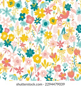 Childish and colorful pattern with cute flowers. Decorative hand drawn abstract flowers. Beautiful cartoon decorative flowers on a white background. Floral seamless pattern in scandinavian style.