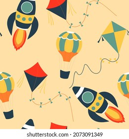 childish colorful pattern with flying cartoon objects:  kites rocket air ballon 