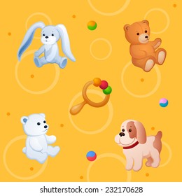 Childish colorful pattern with plush toys, ball and rattle