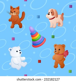 Childish colorful pattern with plush toys and pyramid