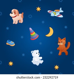 Childish colorful pattern with plush toys, airplane and pyramid