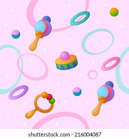 Childish colorful pattern with rings, ball and rattle