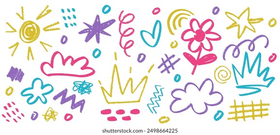 Childish colorful pencil doodles. Charcoal shapes and collage elements of crowns, stars, clouds, sun, flower, squiggles, hearts. Hand drawn elements are isolated on white backdrop.