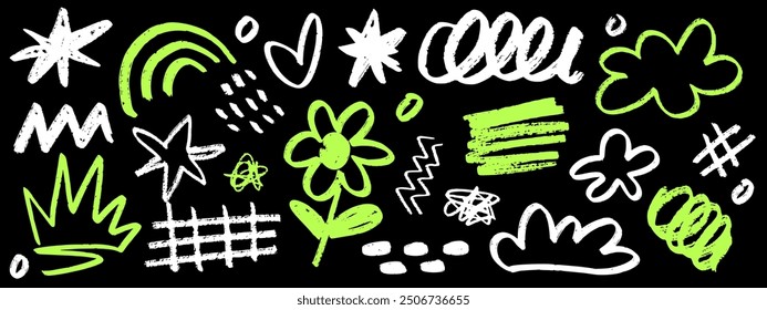 Childish colorful pencil doodles on black background. Charcoal shapes and collage elements of crowns, stars, clouds, flower, squiggles, hearts. Hand drawn elements are isolated.