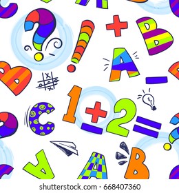 Childish colorful repeated backdrop with number one, twu, the first letter of alphabet A, B, C, colorful question mark, sketch elements. Seamless pattern for child, textile, clothes, wrapping paper 