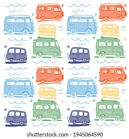 childish colorful Seamless Hand Drawn 70s Hippie Van Pattern. repeat pattern. White Background.