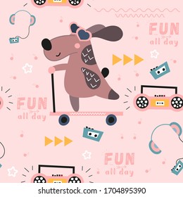 Childish colorful seamless pattern with cool dog on scooter and music theme in Scandinavian style. Vector Illustration. Kids illustration for nursery art. Great for baby clothes, greeting card, wrappi