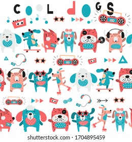 Childish colorful seamless pattern with cool dogs and music theme. Vector Illustration. Kids illustration for nursery art. The print is perfect for baby clothes, greeting card, wrapping paper.