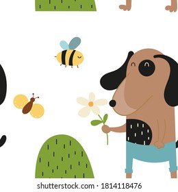 Childish colorful seamless pattern with cute dog, flower and bee. Vector. Kids illustration for nursery. Print is perfect for baby clothes, greeting card, wrapping. Pattern is cut, no clipping mask.