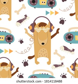 Childish colorful seamless pattern with cute dogs and disco theme. Vector Illustration. Kids illustration for nursery art. The print is perfect for baby clothes, greeting card, wrapping paper.