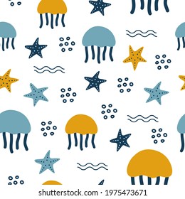 Childish colorful seamless pattern with cute jellyfish, starfish and waves on white background. Modern vector kids cartoon design