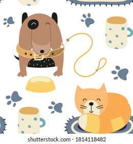 Childish colorful seamless pattern with funny dog and cat. Vector. Kids illustration for nursery. The print is great for baby clothes, greeting card, wrapping paper. Pattern is cut, no clipping mask.