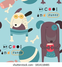 Childish colorful seamless pattern with funny dogs and balls. Vector. Kids illustration for nursery. Print is perfect for baby clothes, greeting card, wrapping paper. Pattern is cut, no clipping mask.