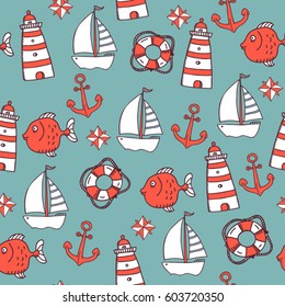 childish comic hand drawn sea seamless pattern