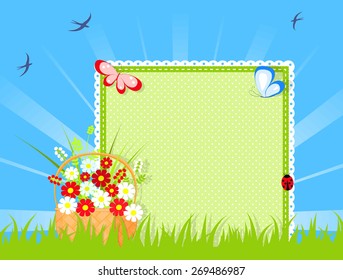 childish congratulation card - basket with many colorful flowers on grass, green textile napkin with place for your text, butterfly, birds on blue sky,  sunny rays, vector illustration