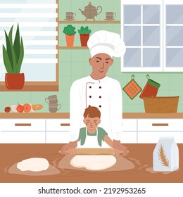 Childish cooking school design concept with professional chef teaching little boy to roll out dough for cake flat vector illustration