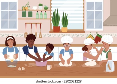 Childish cooking school flat poster demonstrated group of children kneading dough under supervision of adult mentors vector illustration