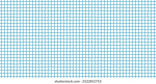 Childish copybook handdrawn pattern with blue grid on white. Seamless checkered grunge bg. Wavy freehand lines. Vector illustration.