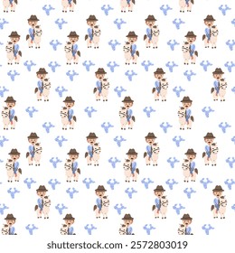 Childish cowboy patterns with cute horse and floral motifs for kids' design.